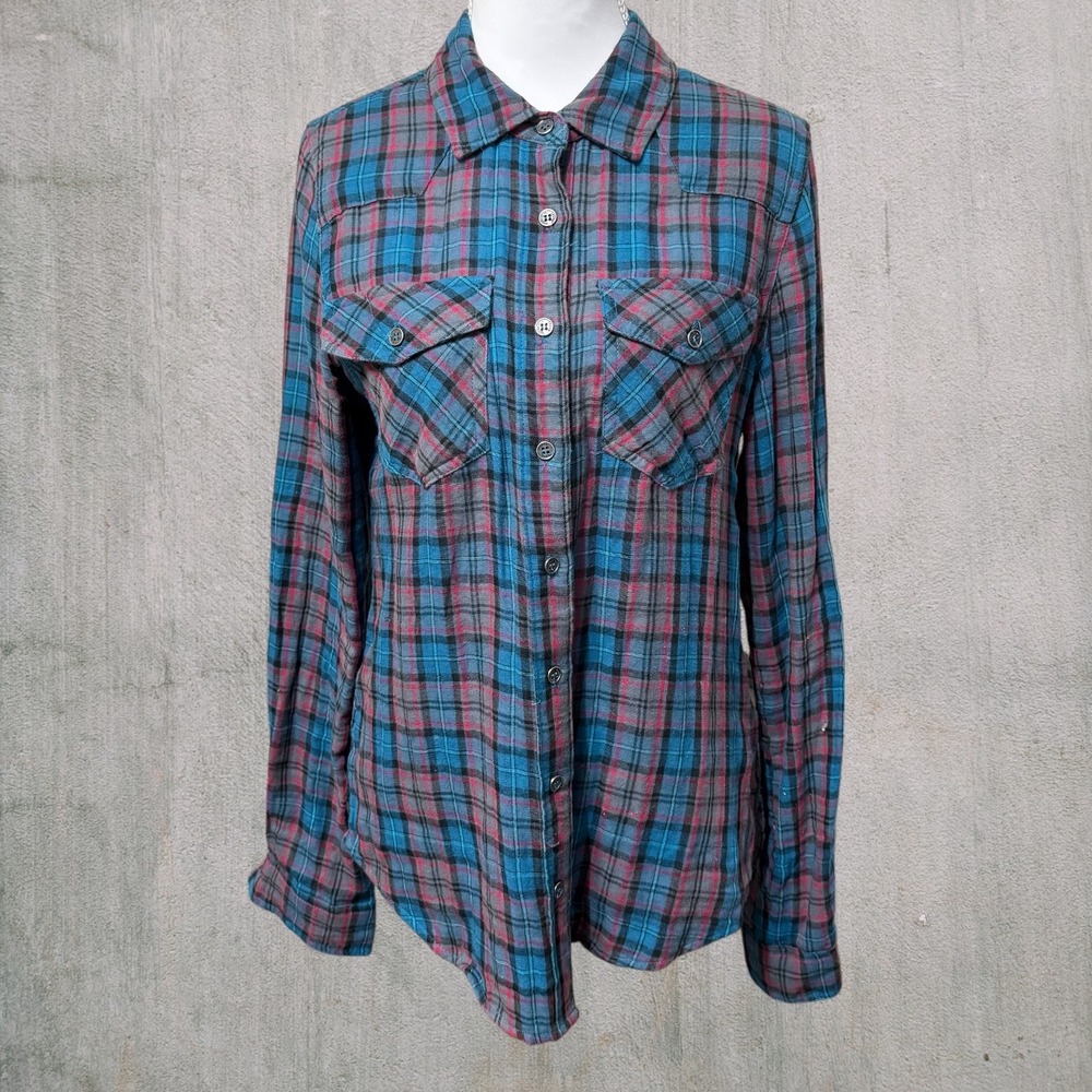 Hydraulic Denim Women Button Up Plaid Long Sleeve Teal Small Flannel Pockets